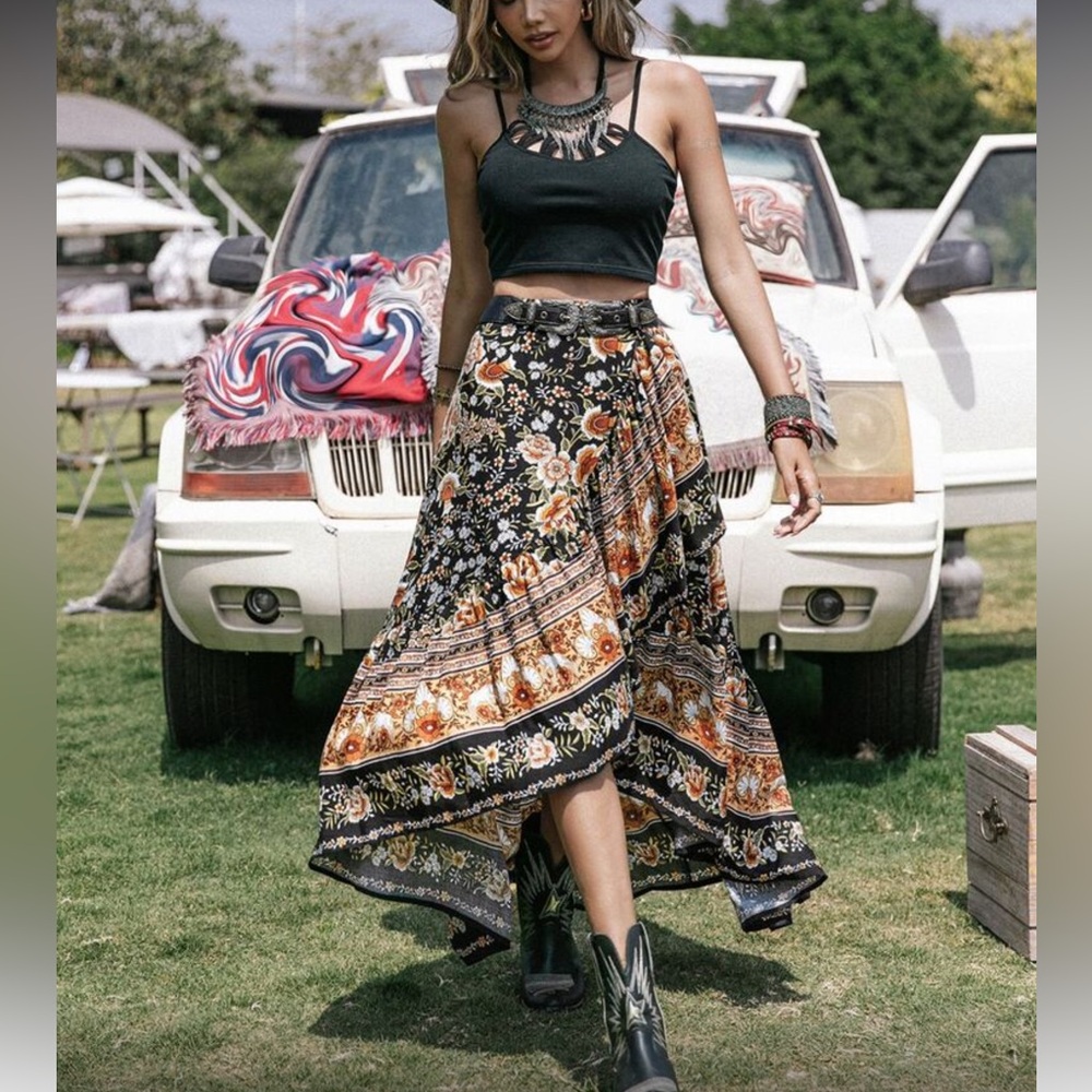 Boho floral print maxi skirt